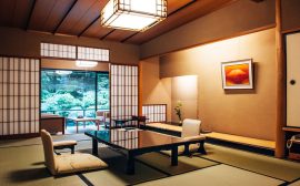 traditional japanese living room tatami mat floor wood table and